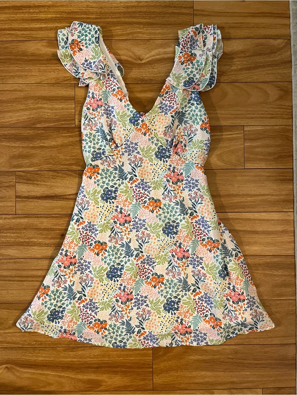 Altar'd State Floral Mini Dress in Cream with Orange, Blue & Green